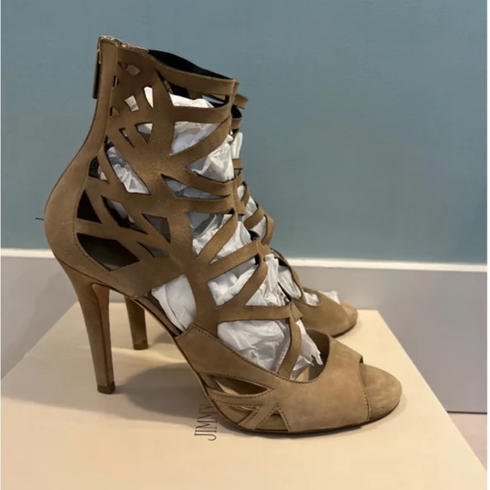 Jimmy Choo Verdict Tan Strappy Suede Heels 7 1/2